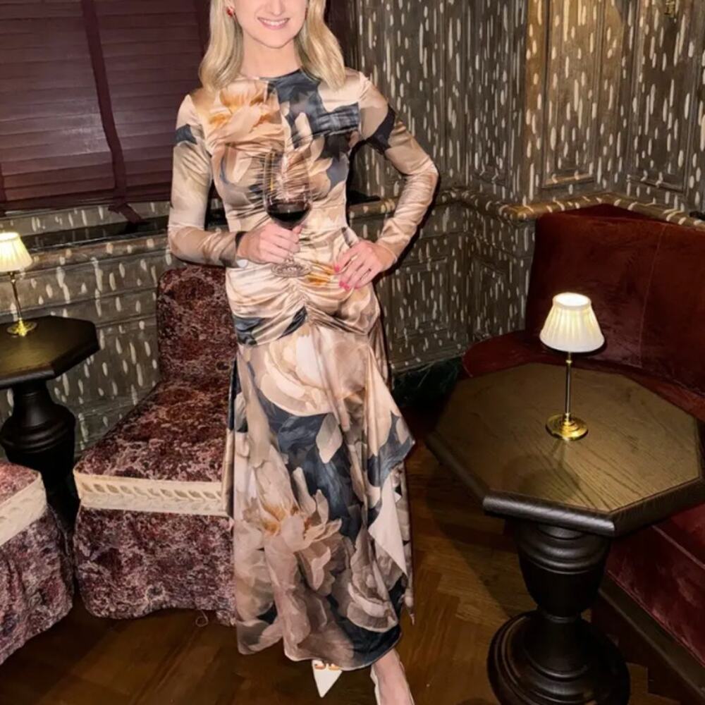 AKNVAS Beige Bold Floral Mesh Gown SIZE 4 Ruched Maxi Dress Party Designer $900 - Picture 5 of 13